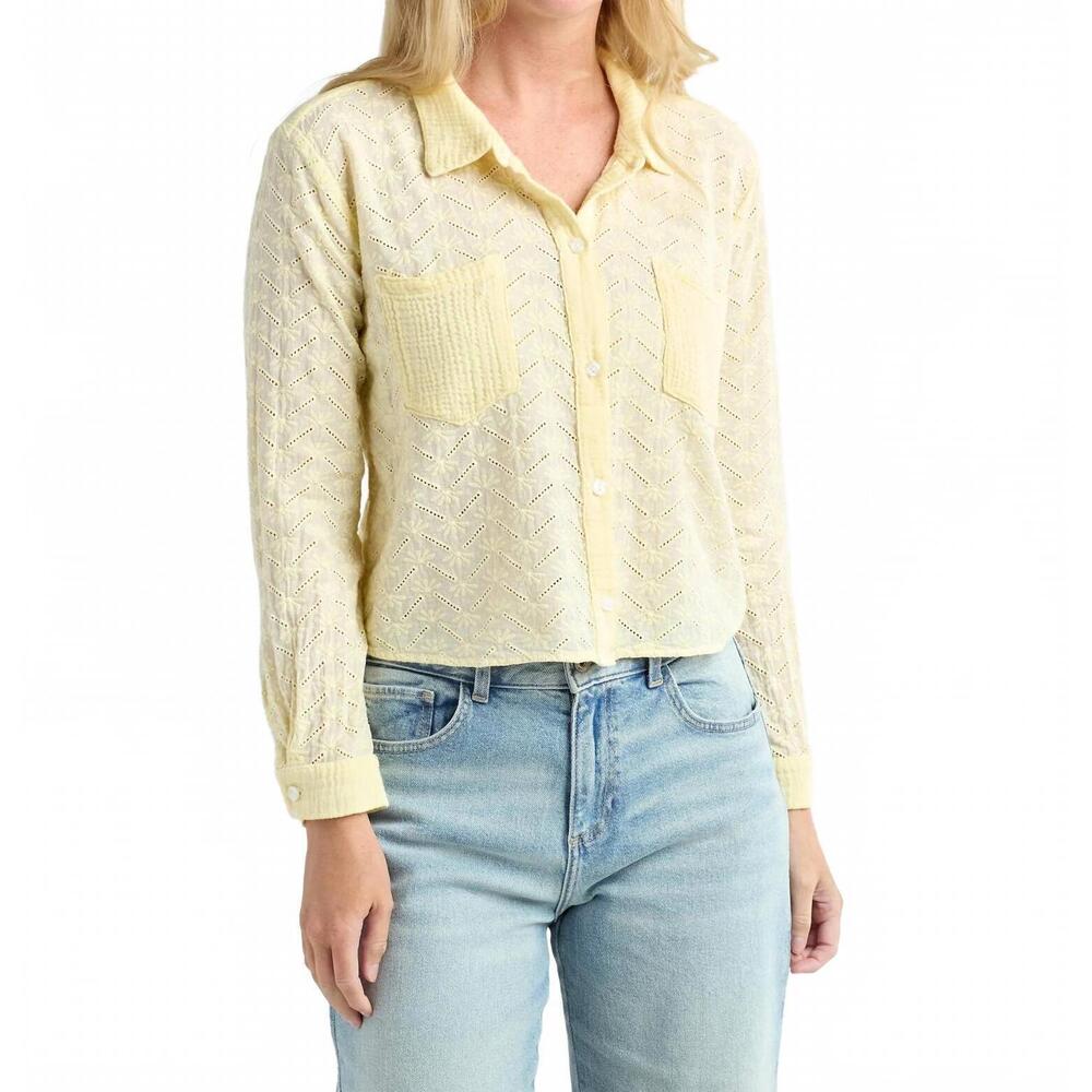 NEW RED HAUTE eyelet cropped button down shirt in yellow